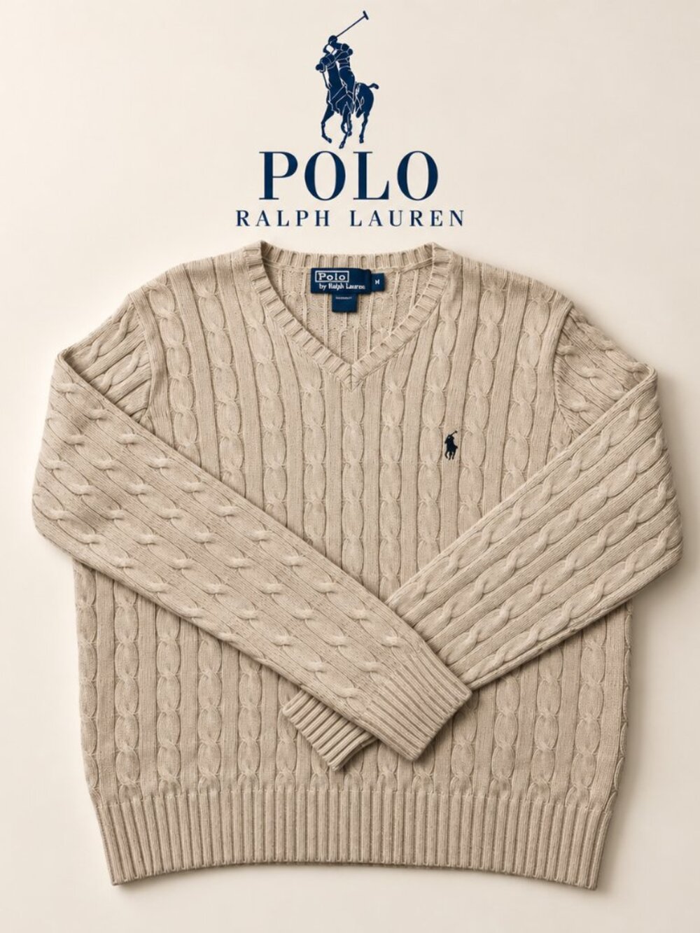 Polo Ralph Lauren Men’s Cable Knit Cotton V-Neck Sweater Beige Cream Medium
